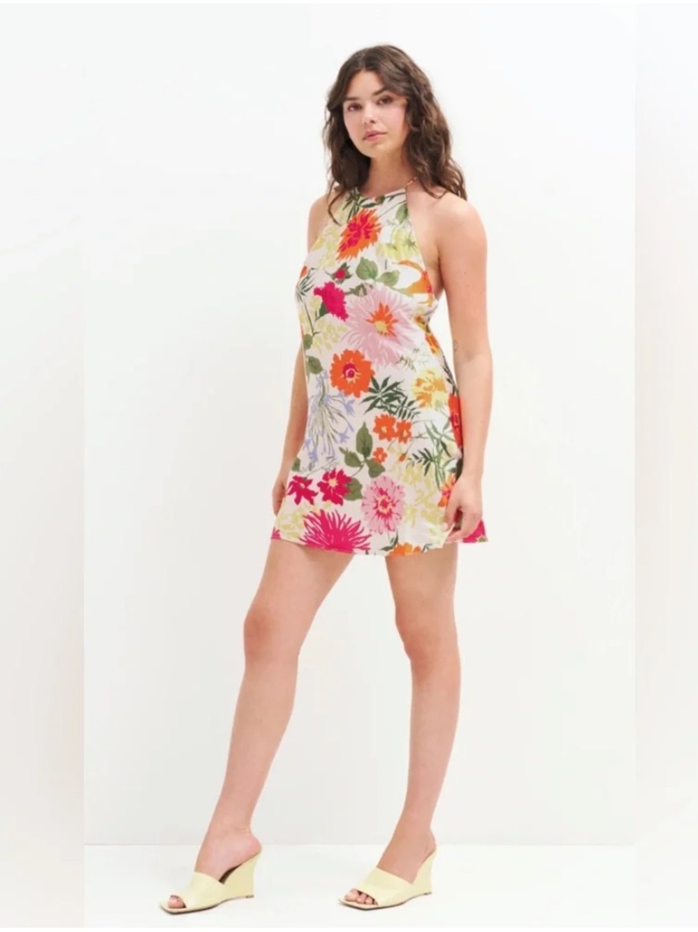 Reformation Jennis Silk Floral Halter Mini Dress in Pink, Orange, Green
